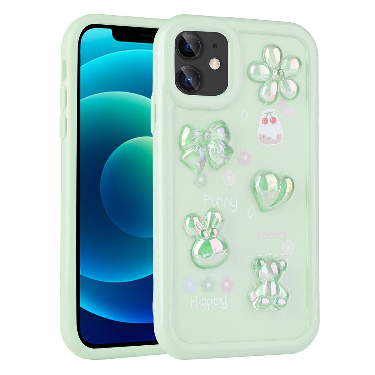Apple iPhone 12 Kılıf Kabartma Figürlü Parlak Zore Toys Silikon Kapak Mor
