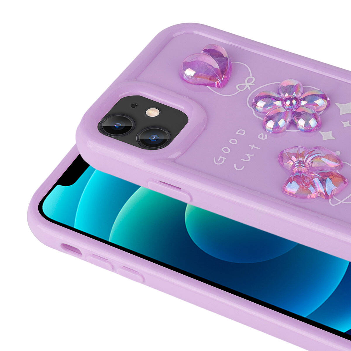 Apple iPhone 12 Kılıf Kabartma Figürlü Parlak Zore Toys Silikon Kapak Mor