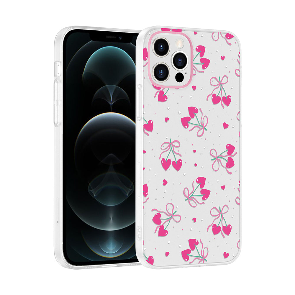 Apple iPhone 12 Kılıf Kamera Korumalı Desenli Zore Klip Kapak Kalpli Kiraz