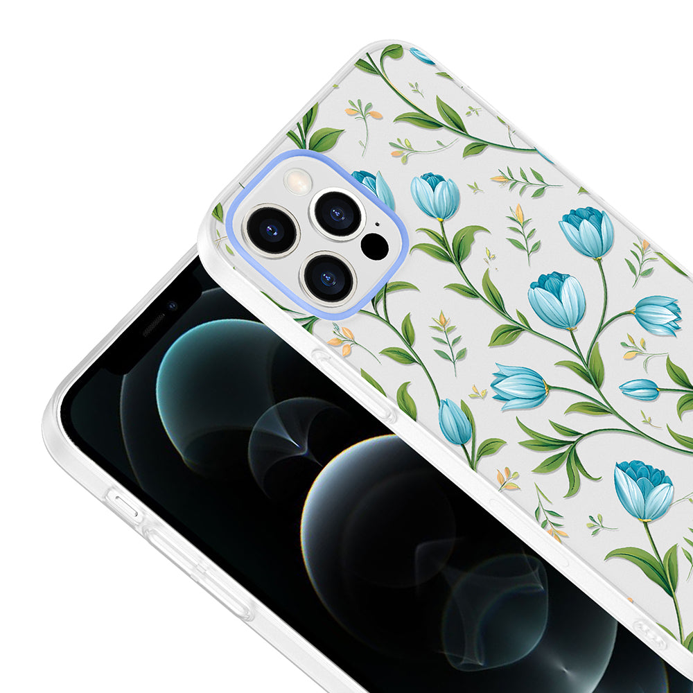 Apple iPhone 12 Kılıf Kamera Korumalı Desenli Zore Klip Kapak Mavi Lale