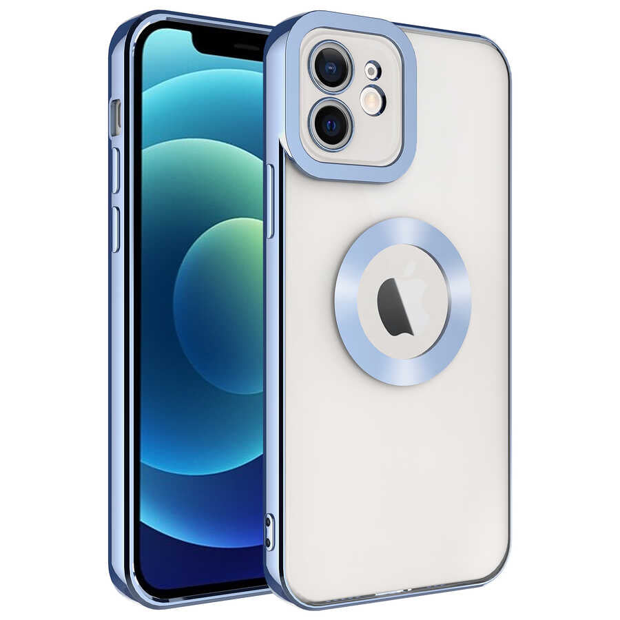 Apple iPhone 12 Kılıf Kamera Korumalı Logo Gösteren Zore Omega Kapak Mavi