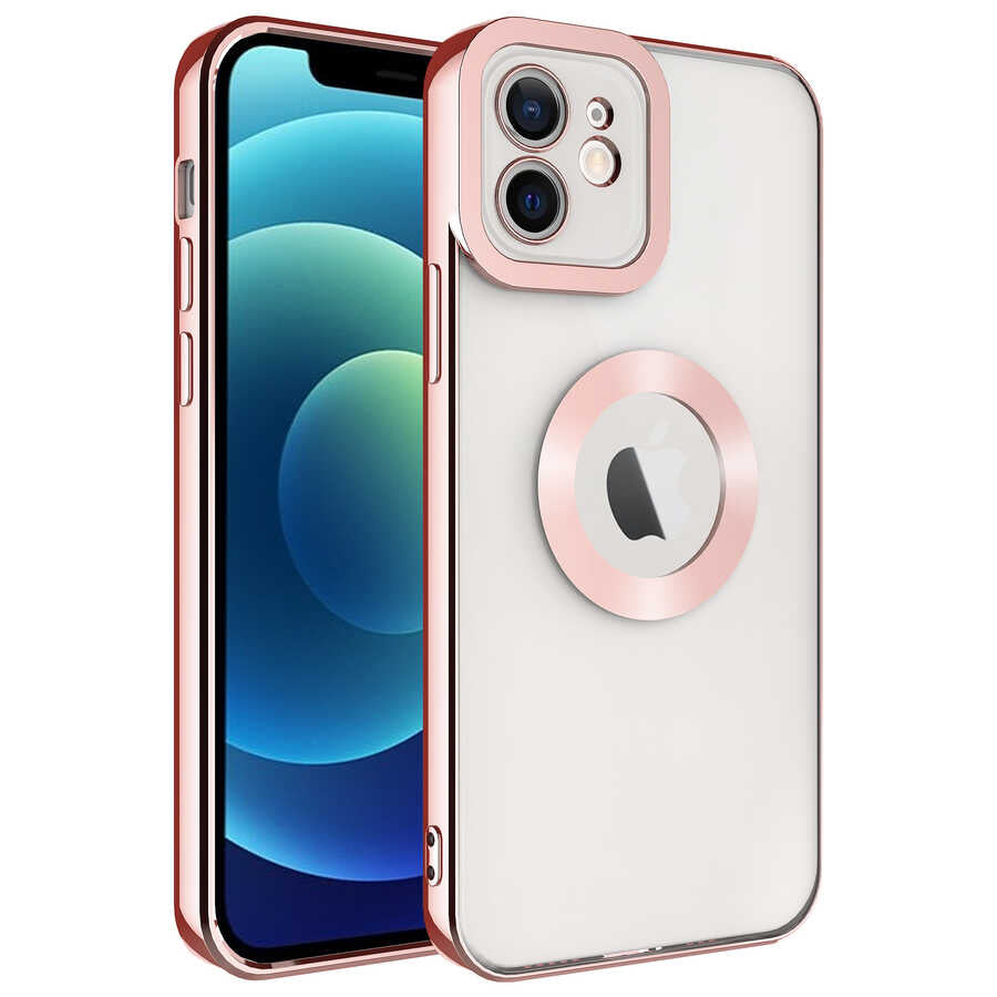 Apple iPhone 12 Kılıf Kamera Korumalı Logo Gösteren Zore Omega Kapak Rose Gold