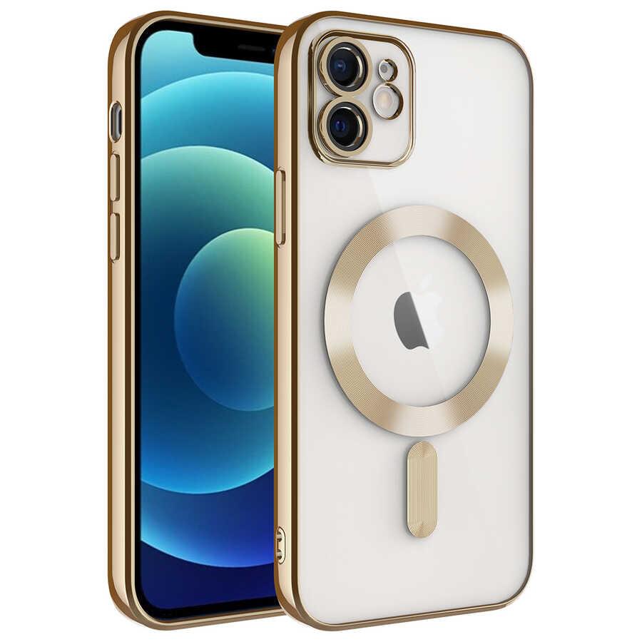 Apple iPhone 12 Kılıf Kamera Korumalı M-safe Wireless Şarj Özellikli Zore Demre Kapak Gold