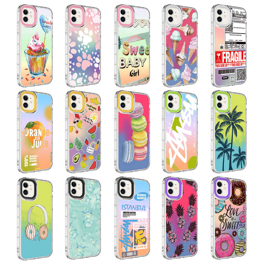 Apple iPhone 12 Kılıf Kamera Korumalı Renkli Desenli Sert Silikon Zore Korn Kapak NO11