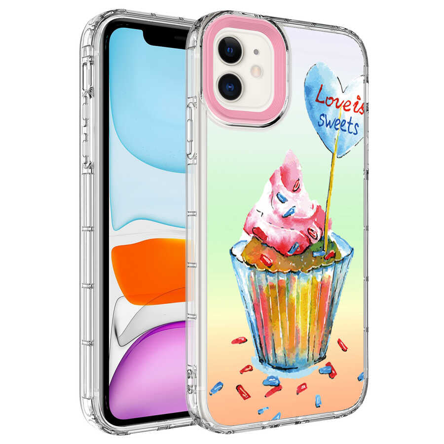 Apple iPhone 12 Kılıf Kamera Korumalı Renkli Desenli Sert Silikon Zore Korn Kapak NO15