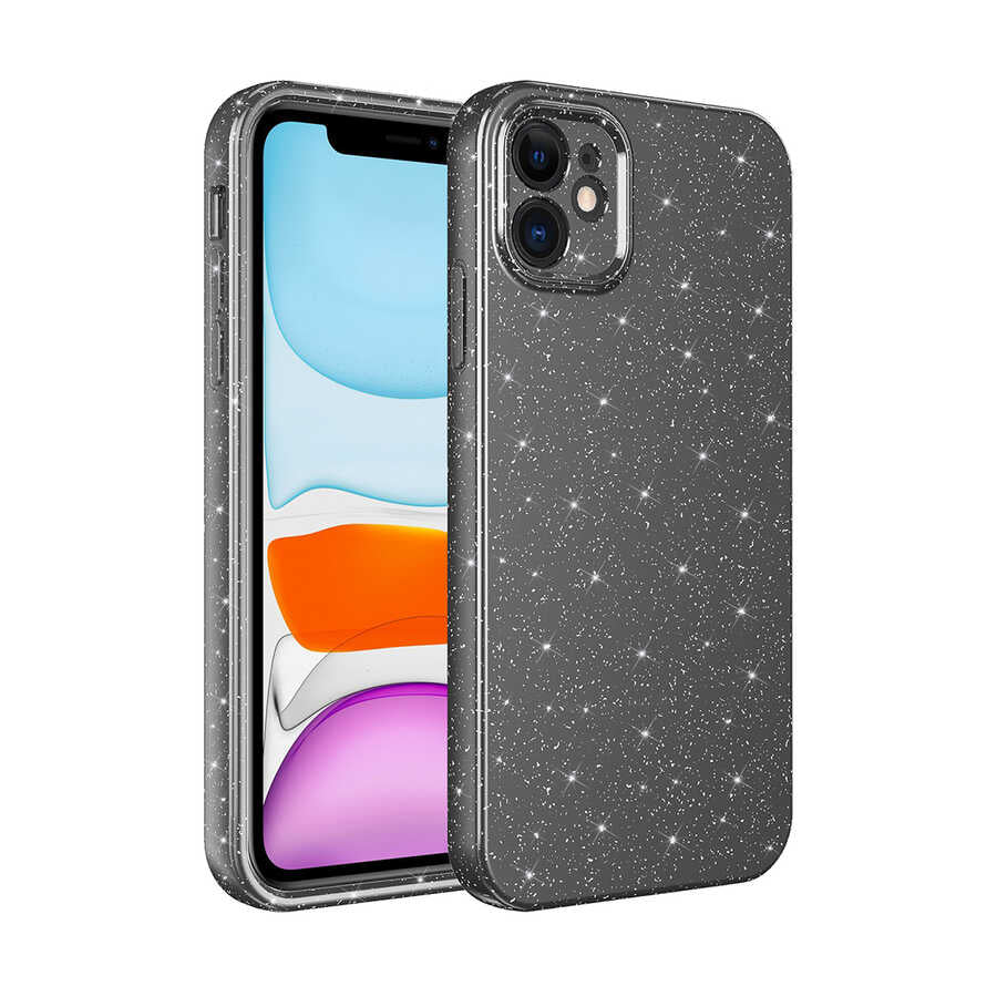 Apple iPhone 12 Kılıf Kamera Korumalı Simli Lüks Zore Koton Kapak Gri