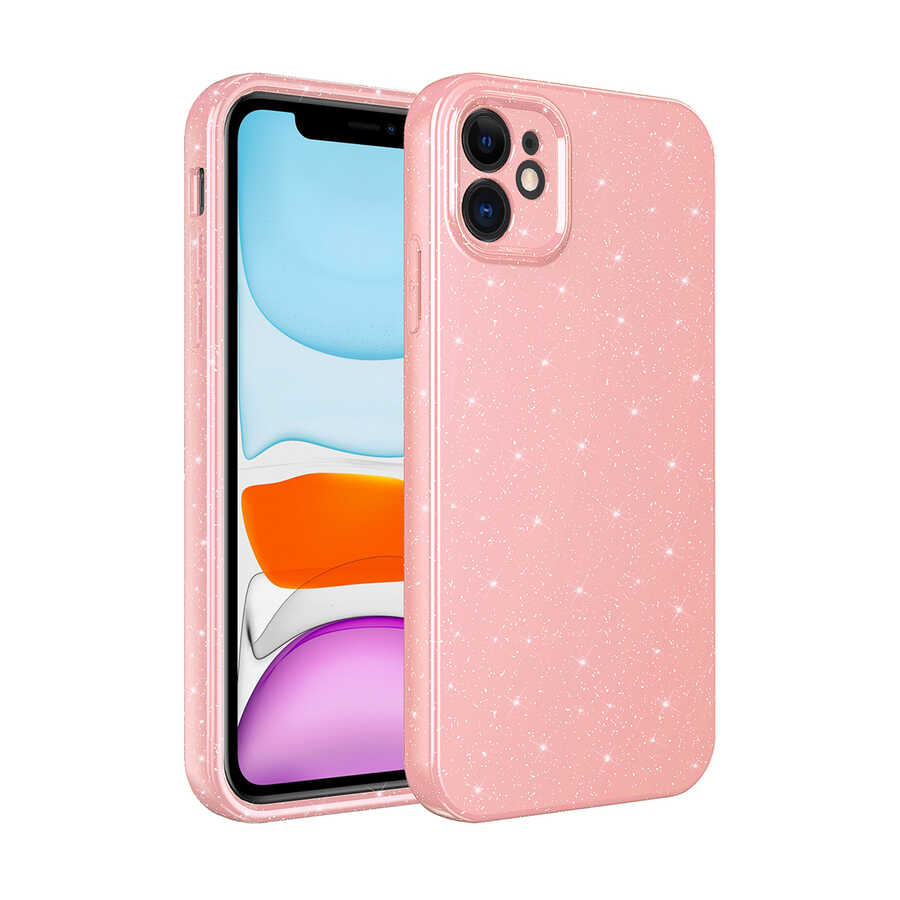 Apple iPhone 12 Kılıf Kamera Korumalı Simli Lüks Zore Koton Kapak Pembe