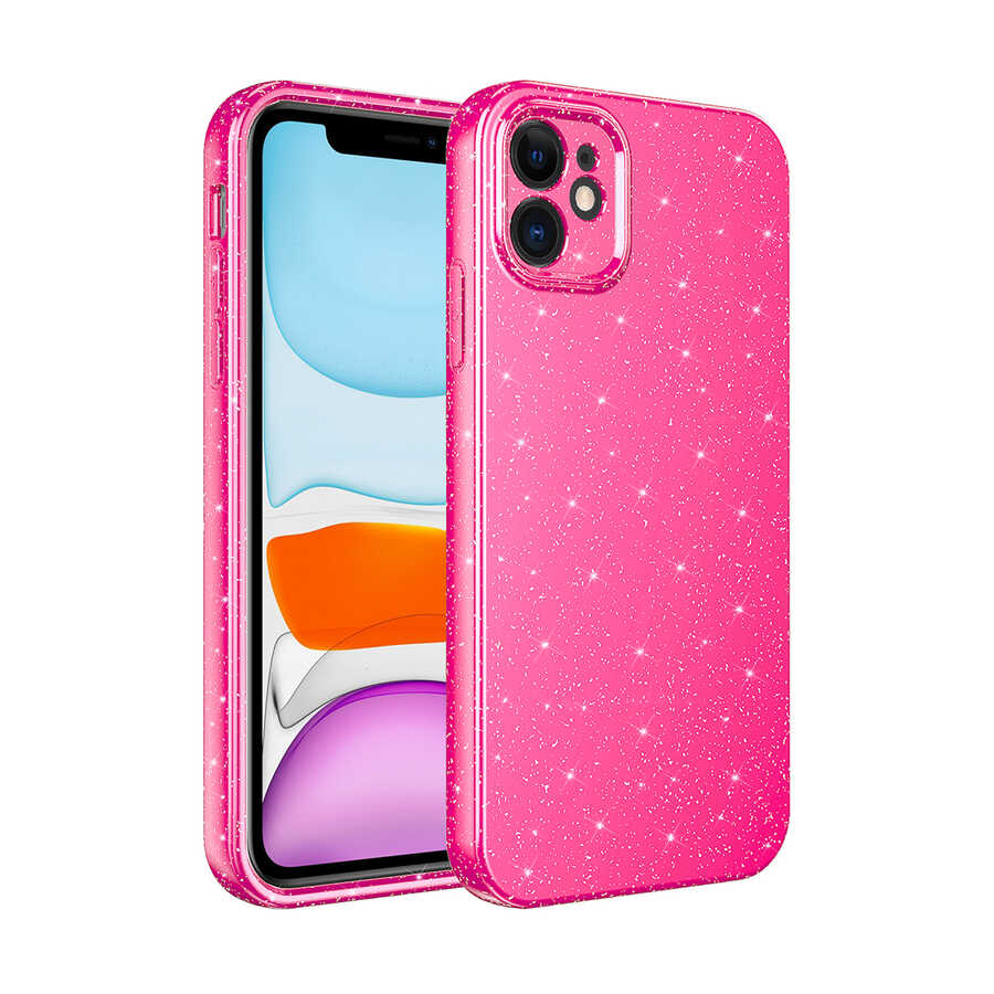 Apple iPhone 12 Kılıf Kamera Korumalı Simli Lüks Zore Koton Kapak Pembe Koyu