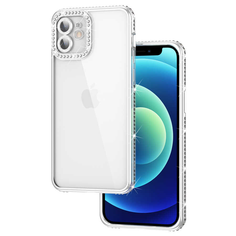 Apple iPhone 12 Kılıf Kamera Korumalı Taşlı Zore Mina Kapak Lila