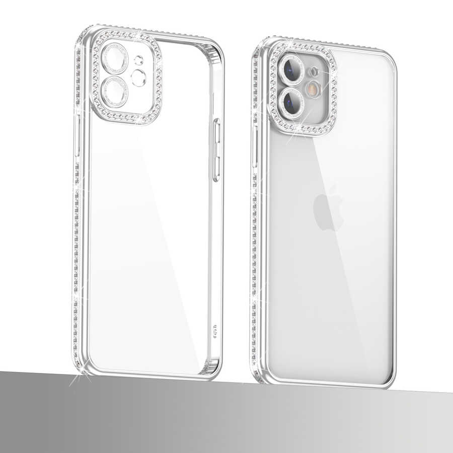 Apple iPhone 12 Kılıf Kamera Korumalı Taşlı Zore Mina Kapak Mavi