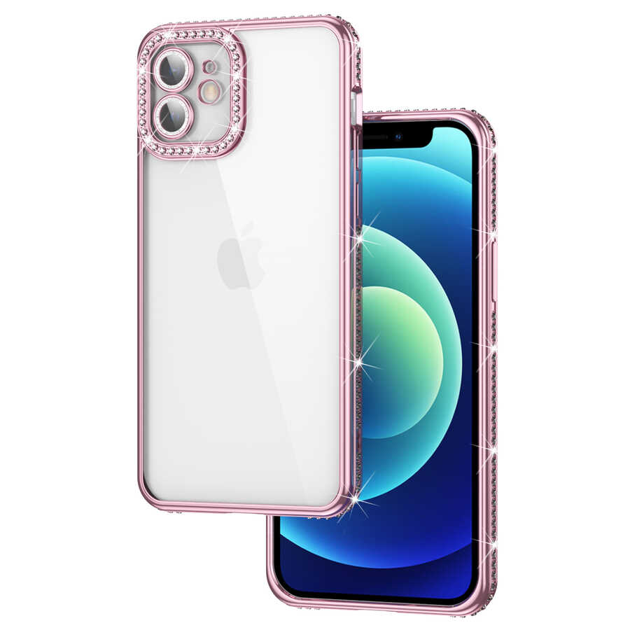Apple iPhone 12 Kılıf Kamera Korumalı Taşlı Zore Mina Kapak Rose Gold