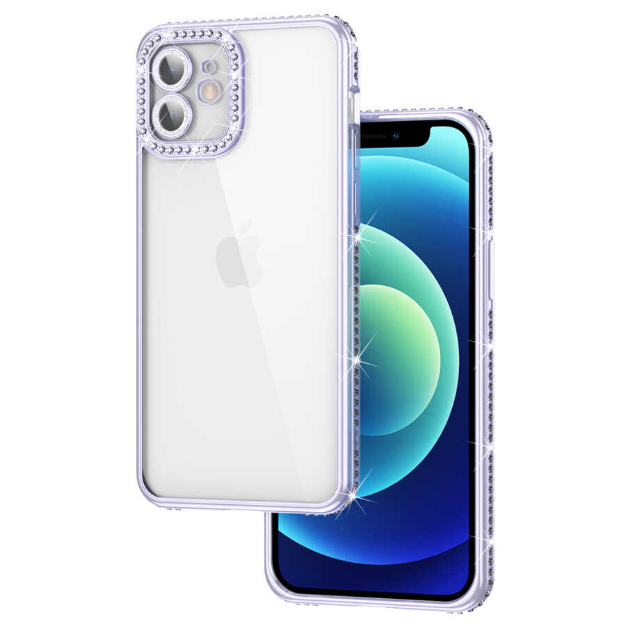 Apple iPhone 12 Kılıf Kamera Korumalı Taşlı Zore Mina Kapak Lila