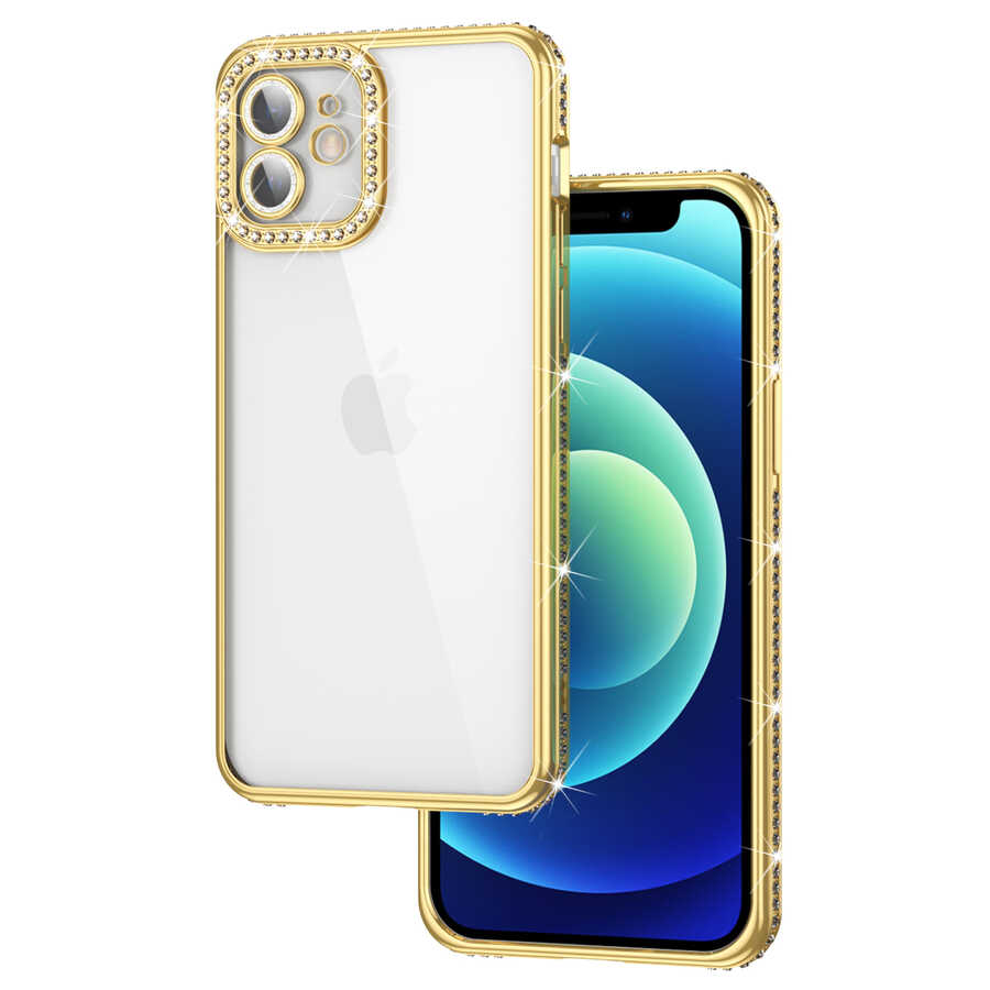Apple iPhone 12 Kılıf Kamera Korumalı Taşlı Zore Mina Kapak Gold