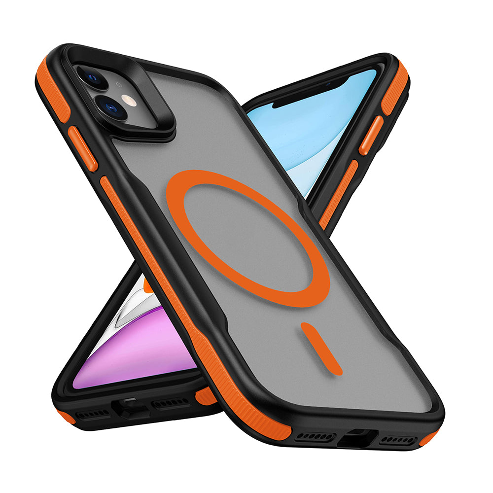 Apple iPhone 12 Kılıf M-safe Şarj Özellikli Renkli Kenar Airbag Şeritli Zore Lamer Kapak Turuncu