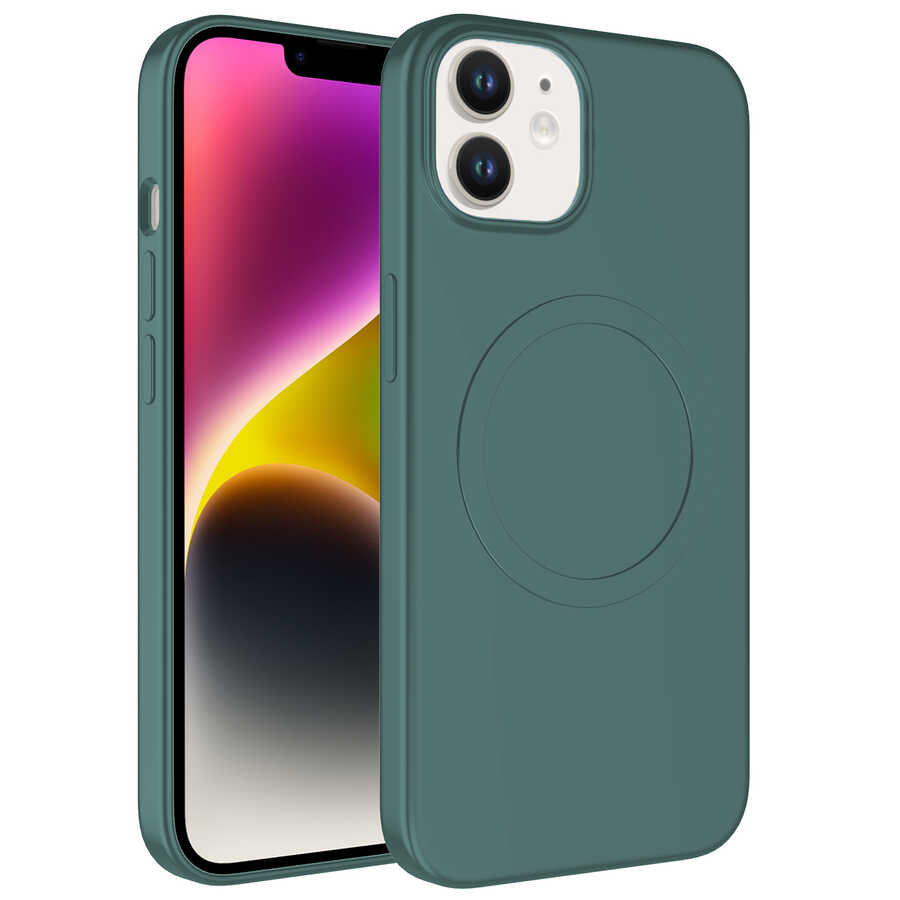 Apple iPhone 12 Kılıf M-safe Wireless Şarj Özellikli Pastel Renk Silikon Zore Plas Kapak Koyu Yeşil