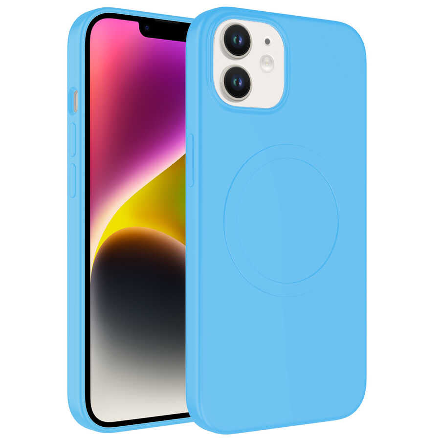 Apple iPhone 12 Kılıf M-safe Wireless Şarj Özellikli Pastel Renk Silikon Zore Plas Kapak Mavi Açık
