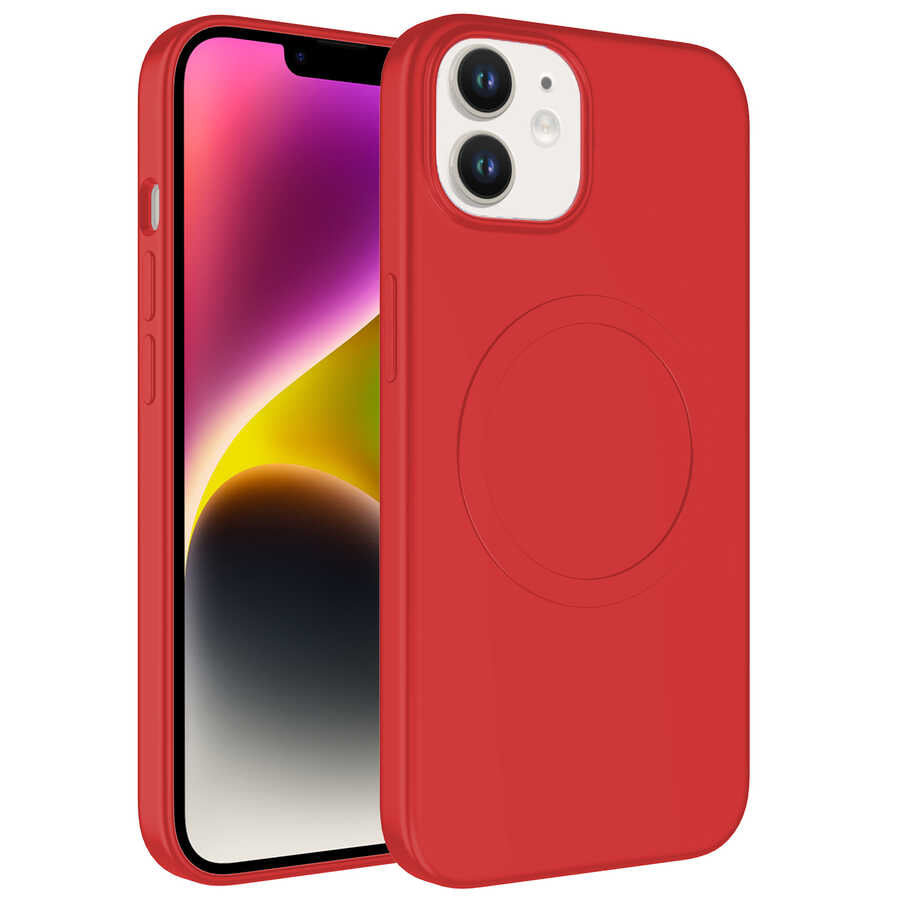 Apple iPhone 12 Kılıf M-safe Wireless Şarj Özellikli Pastel Renk Silikon Zore Plas Kapak Kırmızı