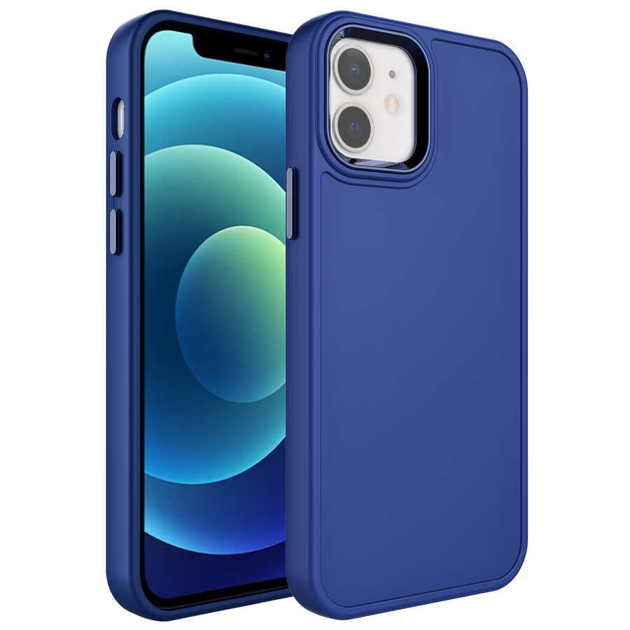 Apple iPhone 12 Kılıf Metal Çerçeve ve Buton Tasarımlı Sert Zore Botox Kapak Lacivert