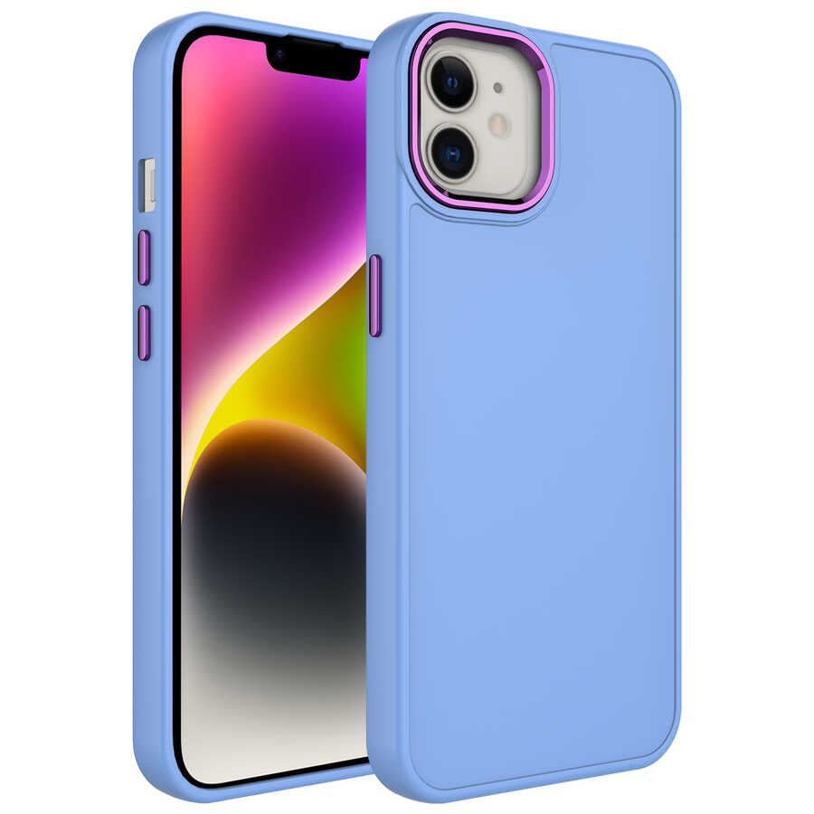 Apple iPhone 12 Kılıf Metal Çerçeve ve Buton Tasarımlı Silikon Zore Luna Kapak Lila