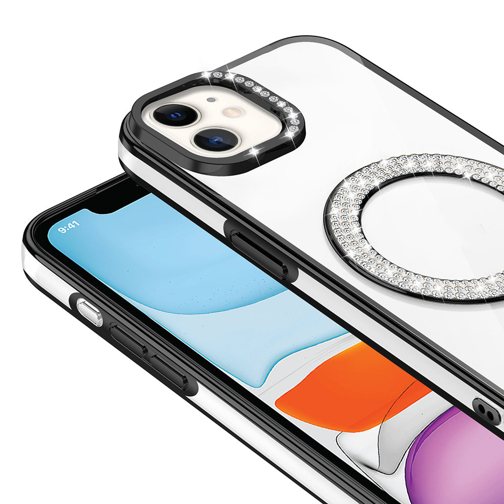 Apple iPhone 12 Kılıf Pırlanta Taş Tasarımlı M-safe Şarj Özellikli Zore Karetta Silikon Kapak Siyah