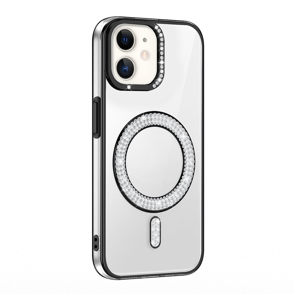Apple iPhone 12 Kılıf Pırlanta Taş Tasarımlı M-safe Şarj Özellikli Zore Karetta Silikon Kapak Rose Gold