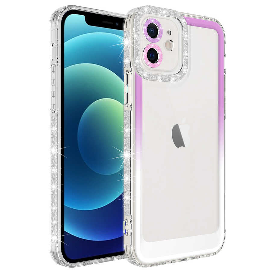 Apple iPhone 12 Kılıf Simli ve Renk Geçiş Tasarımlı Lens Korumalı Zore Park Kapak Beyaz-Pembe