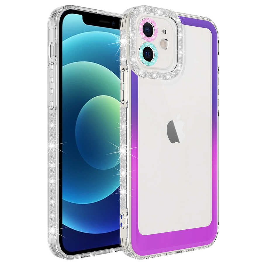 Apple iPhone 12 Kılıf Simli ve Renk Geçiş Tasarımlı Lens Korumalı Zore Park Kapak Mor-Pembe