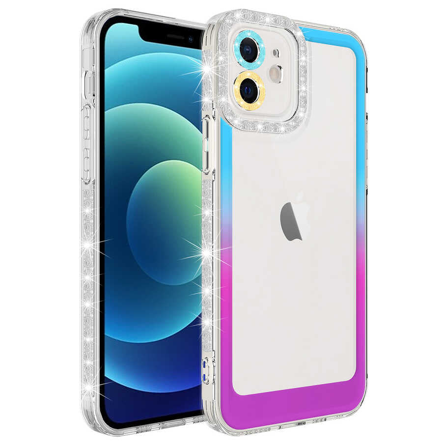 Apple iPhone 12 Kılıf Simli ve Renk Geçiş Tasarımlı Lens Korumalı Zore Park Kapak Mavi-Mor