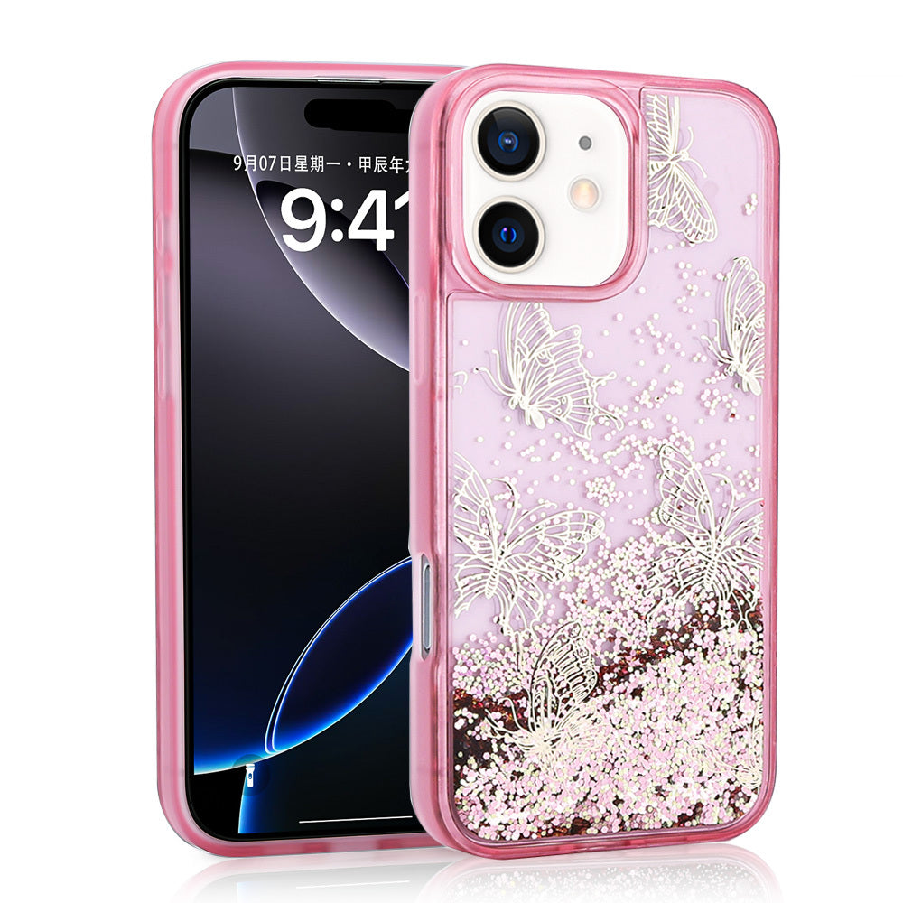 Apple iPhone 12 Kılıf Sıvılı Simli Kelebek Baskılı Şeffaf Arka Yüzey Zore Glis Silikon Kapak Pembe