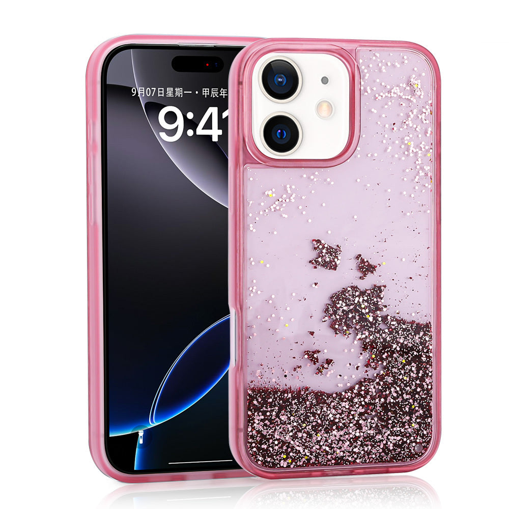 Apple iPhone 12 Kılıf Sıvılı Simli Şeffaf Arka Yüzey Zore Keto Silikon Kapak Pembe