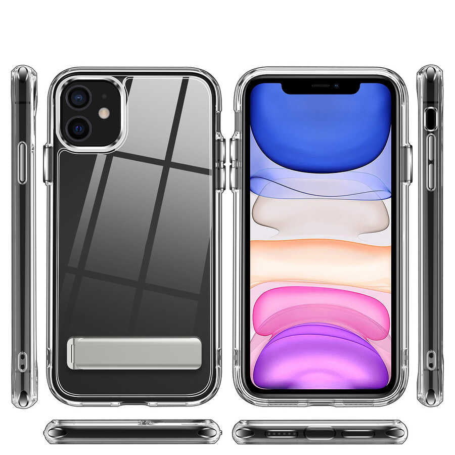 Apple iPhone 12 Kılıf Standlı Şeffaf Silikon Zore L-Stand Kapak Renksiz
