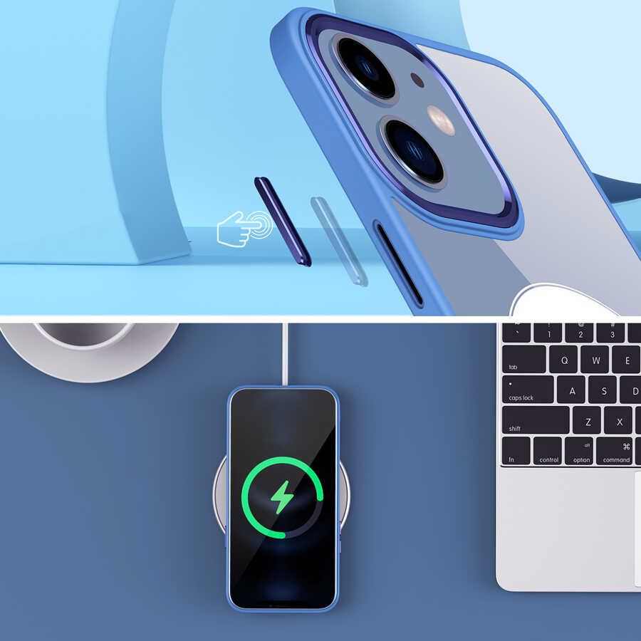 Apple iPhone 12 Kılıf Wireless Şarj Özellikli Zore Krom M-safe Silikon Kapak Mavi