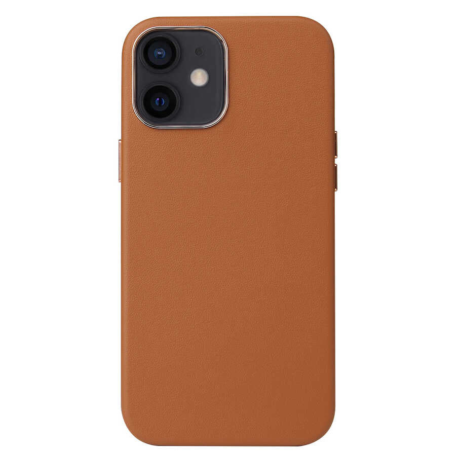 Apple iPhone 12 Kılıf Zore Leathersafe Wireless Kapak Kahverengi