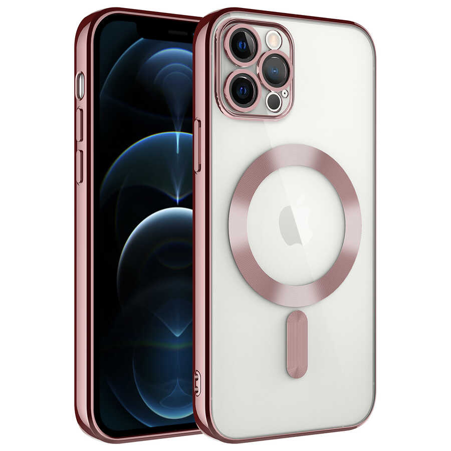 Apple iPhone 12 Pro Kılıf Kamera Korumalı M-safe Wireless Şarj Özellikli Zore Demre Kapak Rose Gold