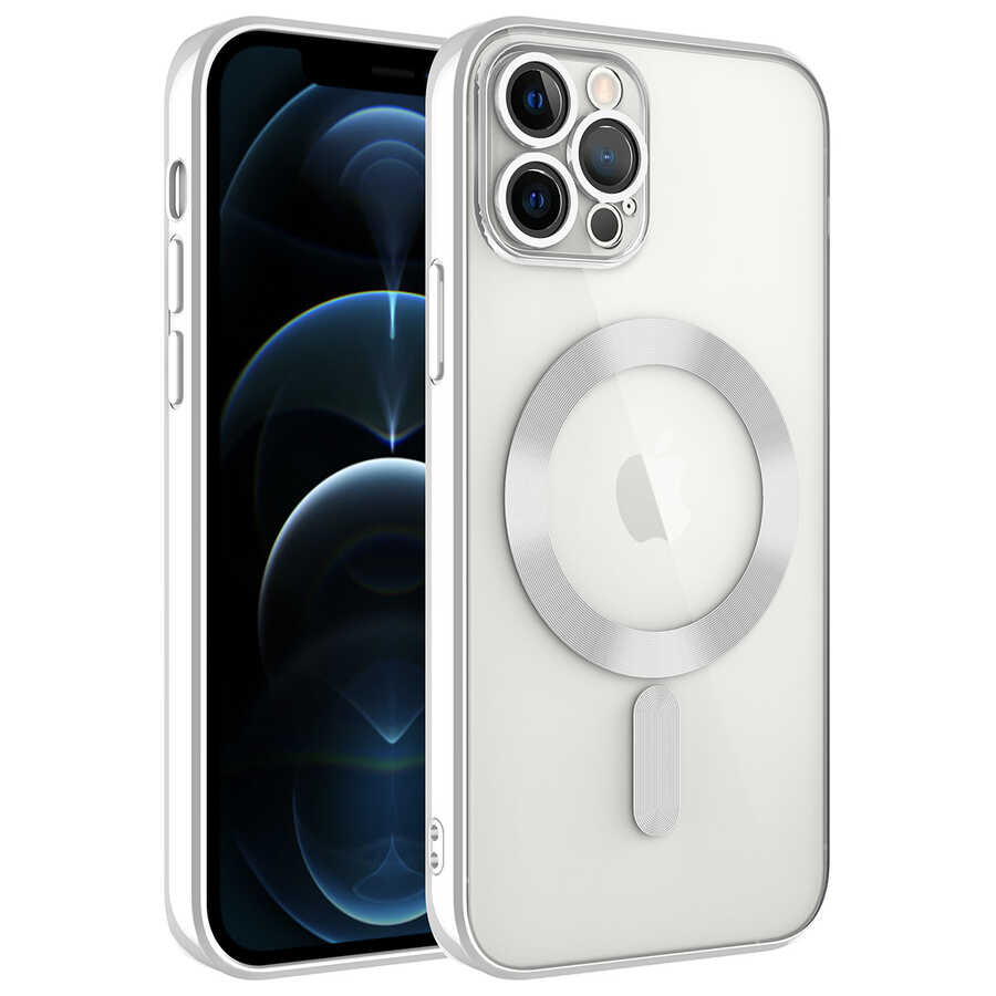 Apple iPhone 12 Pro Kılıf Kamera Korumalı M-safe Wireless Şarj Özellikli Zore Demre Kapak Gümüş