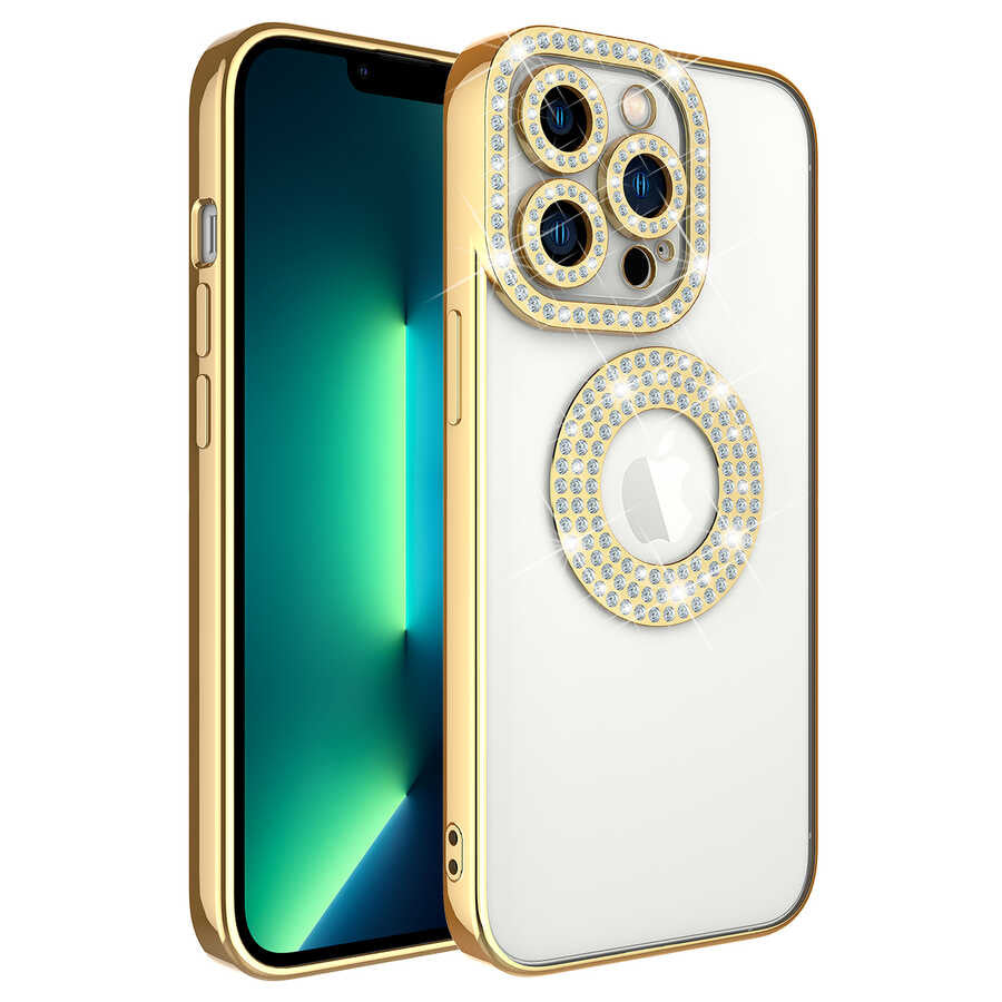 Apple iPhone 12 Pro Kılıf Kamera Korumalı Taş Süslemeli Arkası Şeffaf Zore Asya Kapak Rose Gold