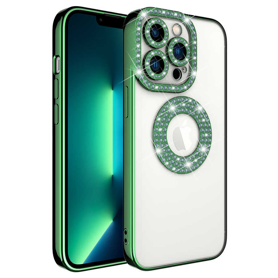 Apple iPhone 12 Pro Kılıf Kamera Korumalı Taş Süslemeli Arkası Şeffaf Zore Asya Kapak Yeşil