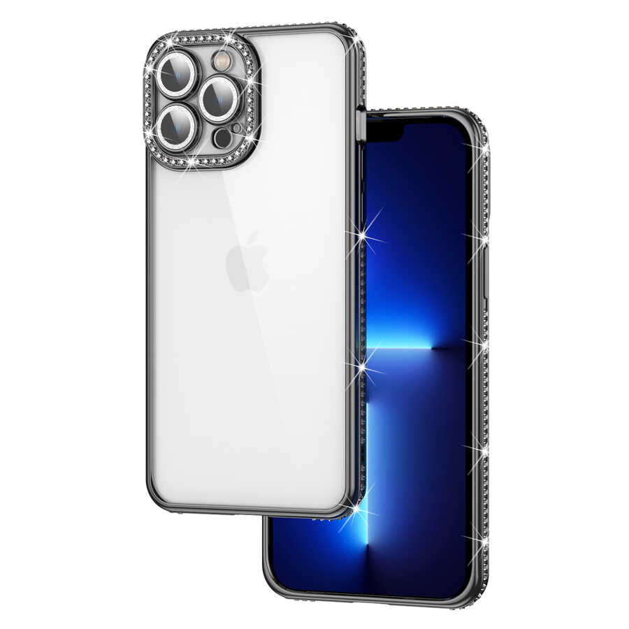 Apple iPhone 12 Pro Kılıf Kamera Korumalı Taşlı Zore Mina Kapak Siyah
