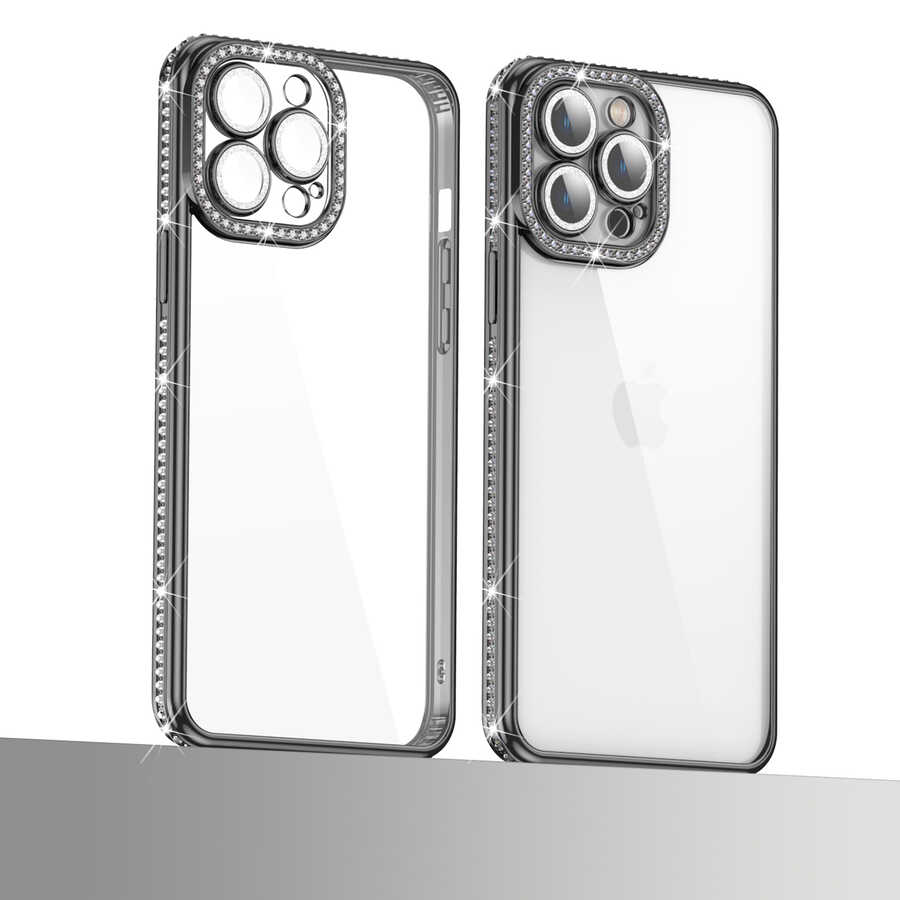 Apple iPhone 12 Pro Kılıf Kamera Korumalı Taşlı Zore Mina Kapak Rose Gold