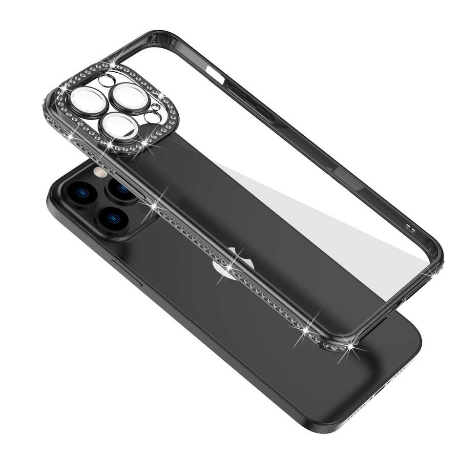 Apple iPhone 12 Pro Kılıf Kamera Korumalı Taşlı Zore Mina Kapak Siyah