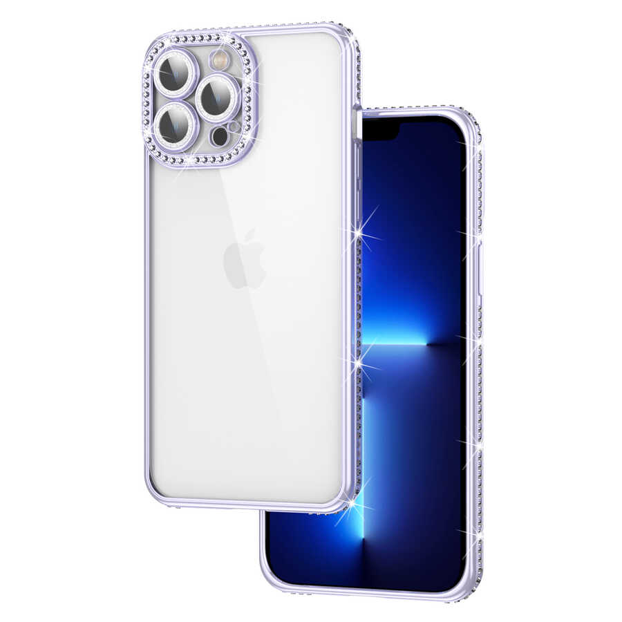 Apple iPhone 12 Pro Kılıf Kamera Korumalı Taşlı Zore Mina Kapak Lila