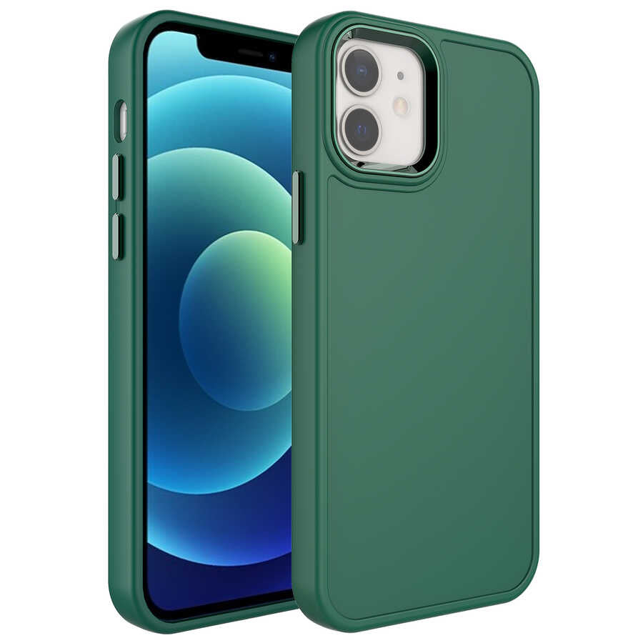 Apple iPhone 12 Pro Kılıf Metal Çerçeve ve Buton Tasarımlı Sert Zore Botox Kapak Koyu Yeşil