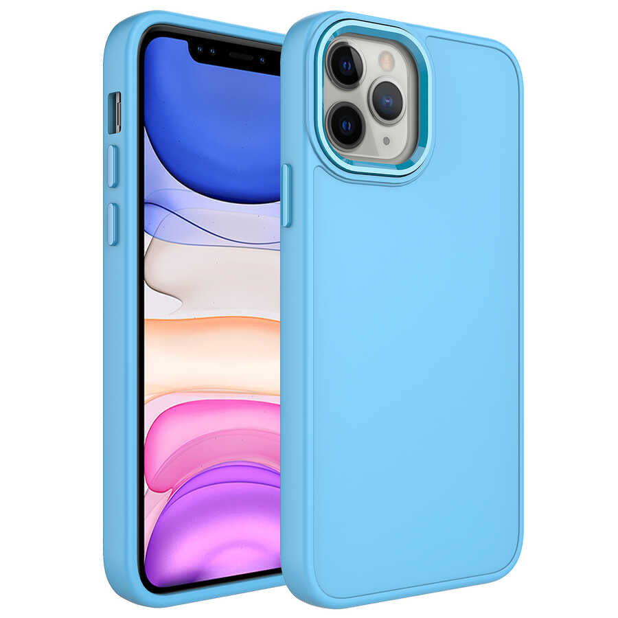 Apple iPhone 12 Pro Kılıf Metal Çerçeve ve Buton Tasarımlı Silikon Zore Luna Kapak Sierra Mavi