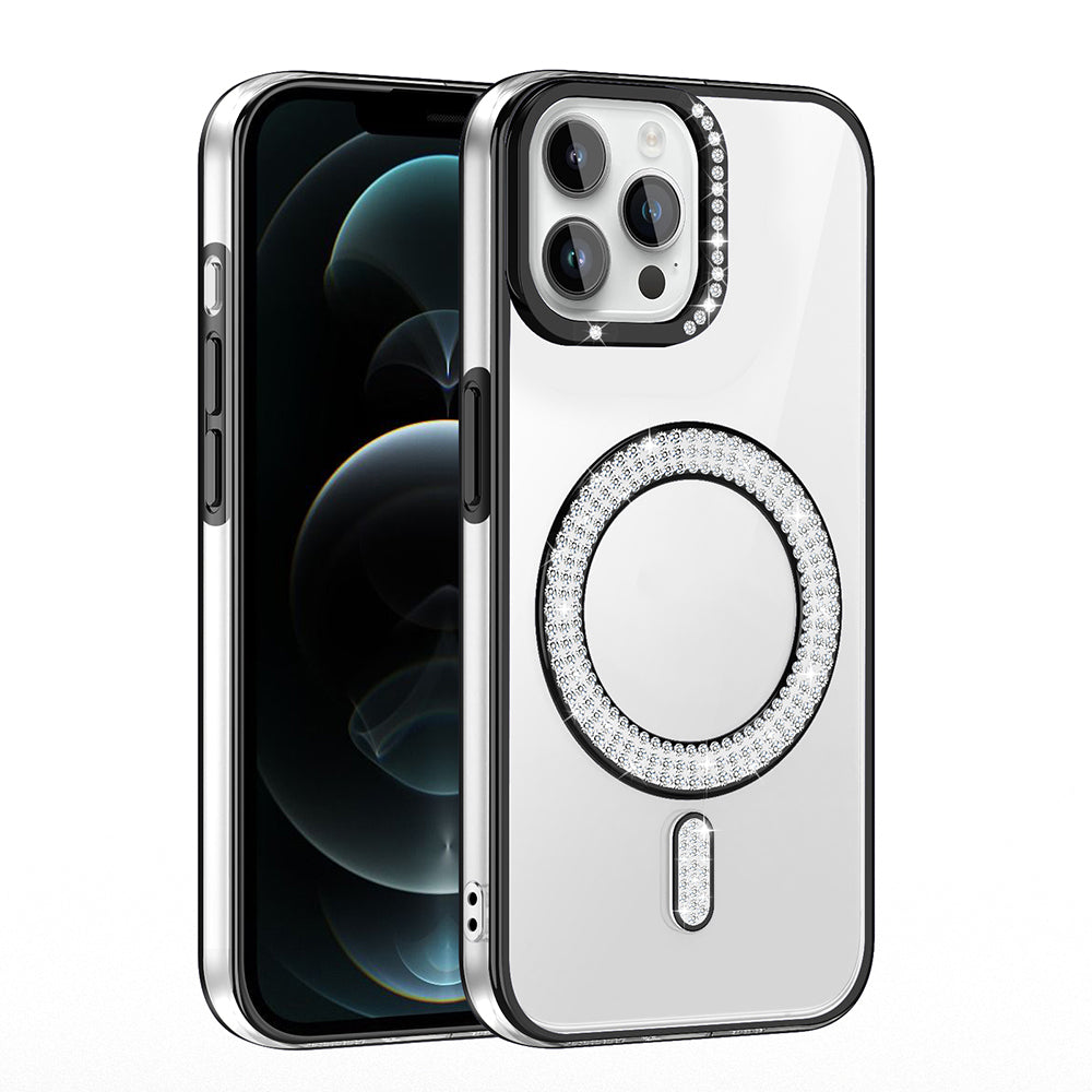 Apple iPhone 12 Pro Kılıf Pırlanta Taş Tasarımlı M-safe Şarj Özellikli Zore Karetta Silikon Kapak Mavi