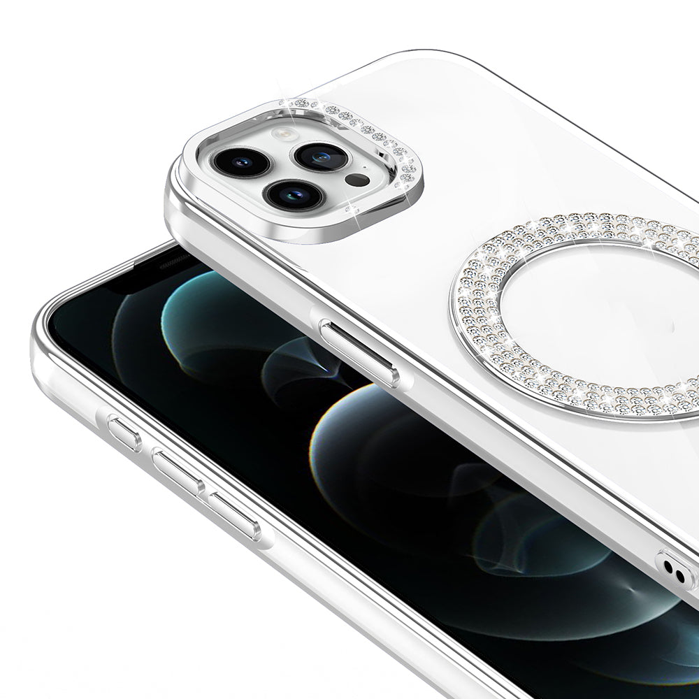 Apple iPhone 12 Pro Kılıf Pırlanta Taş Tasarımlı M-safe Şarj Özellikli Zore Karetta Silikon Kapak Mor