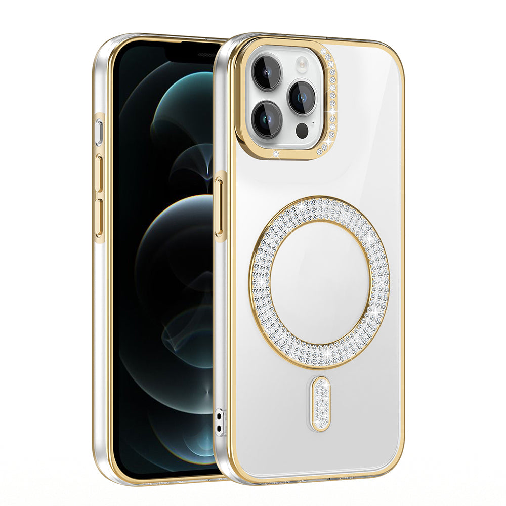 Apple iPhone 12 Pro Kılıf Pırlanta Taş Tasarımlı M-safe Şarj Özellikli Zore Karetta Silikon Kapak Rose Gold