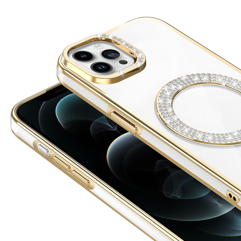 Apple iPhone 12 Pro Kılıf Pırlanta Taş Tasarımlı M-safe Şarj Özellikli Zore Karetta Silikon Kapak Siyah