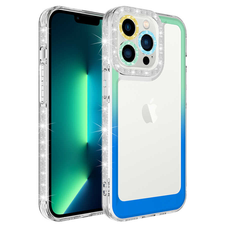 Apple iPhone 12 Pro Kılıf Simli ve Renk Geçiş Tasarımlı Lens Korumalı Zore Park Kapak Yeşil-Mavi