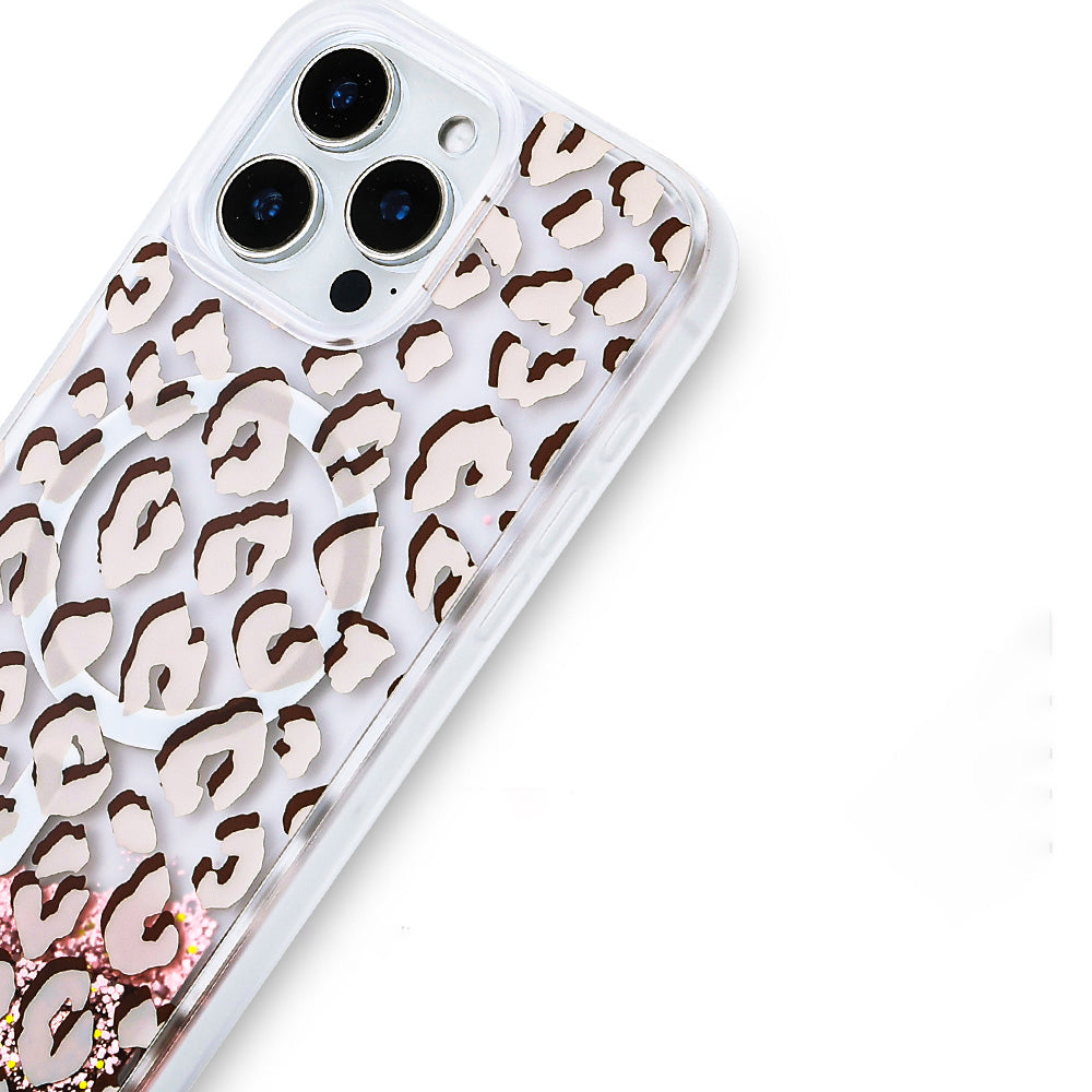 Apple iPhone 12 Pro Kılıf Sıvılı Simli Baskılı Şeffaf Arka Yüzey Zore Mossa Silikon Kapak Pembe