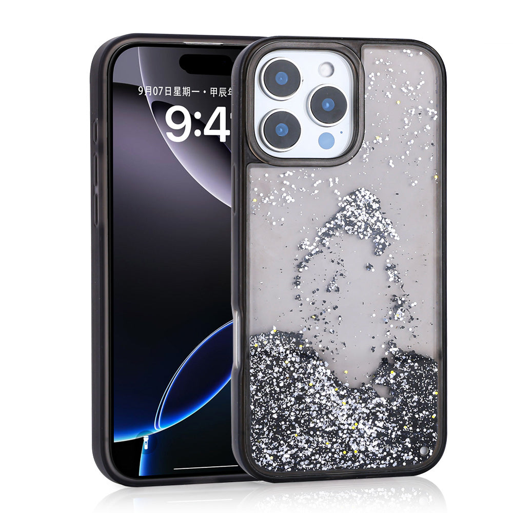 Apple iPhone 12 Pro Kılıf Sıvılı Simli Şeffaf Arka Yüzey Zore Keto Silikon Kapak Siyah